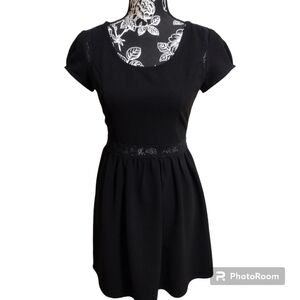 Anthropologie Pins & Needles Black Skater Dress Lace Inset Crepe Mini